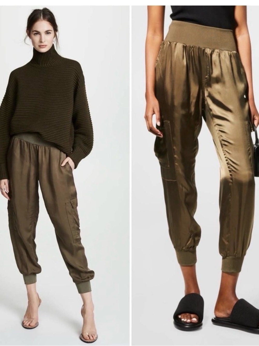 Cinq A Sept Olive Green Giles Pants High Waisted Satin Cargo Joggers Sz Medium